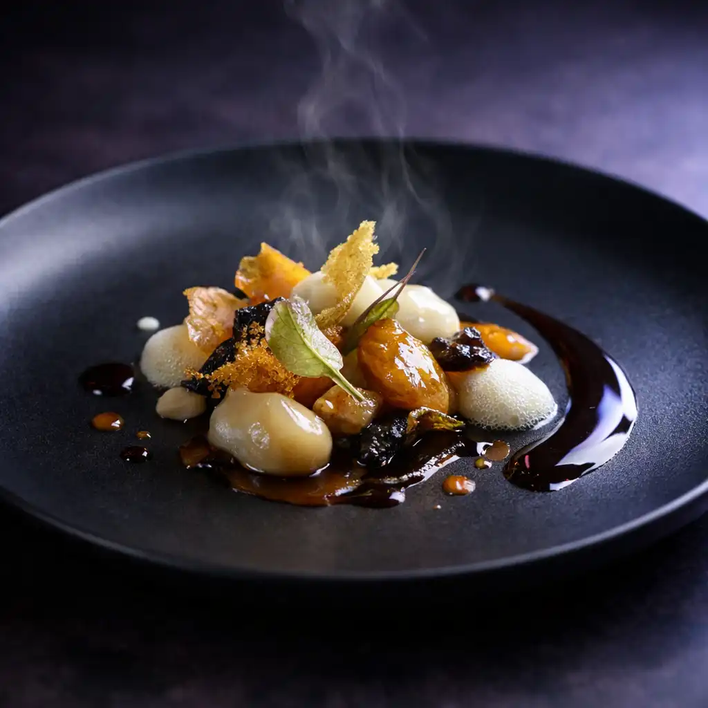 Gros plan d’une assiette sombre éclairée par une lumière opaline