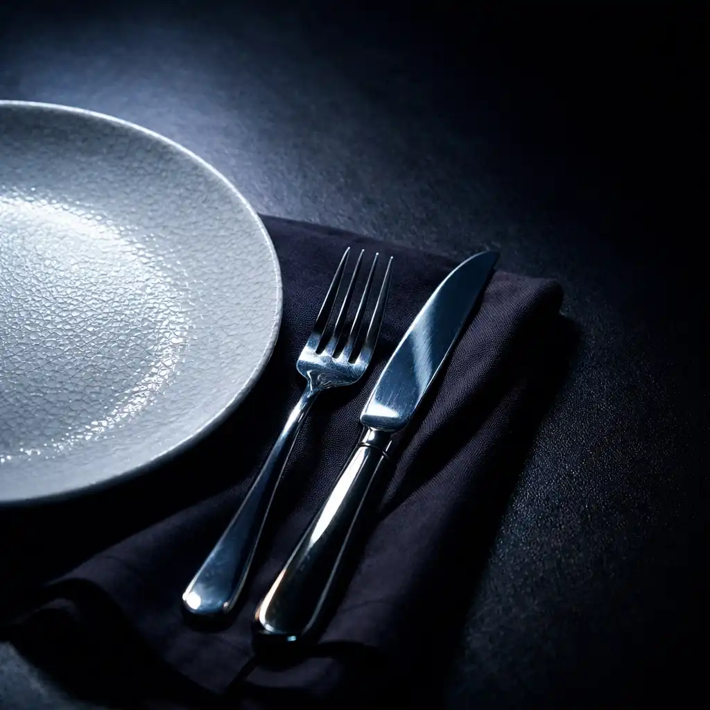 Porcelaine texturée et couvert métallique sur un textile sombre