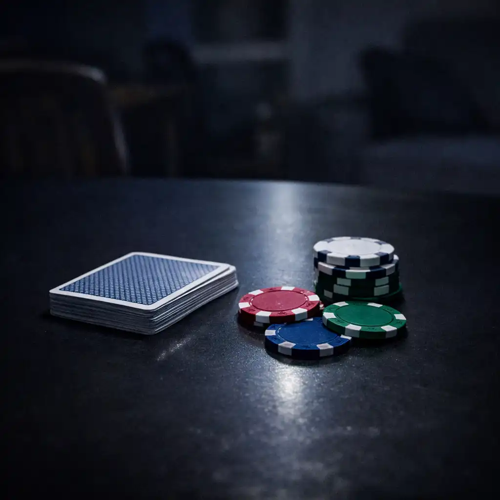 Cartes face cachée et jetons immobiles sur une table réelle, dans une ambiance nocturne