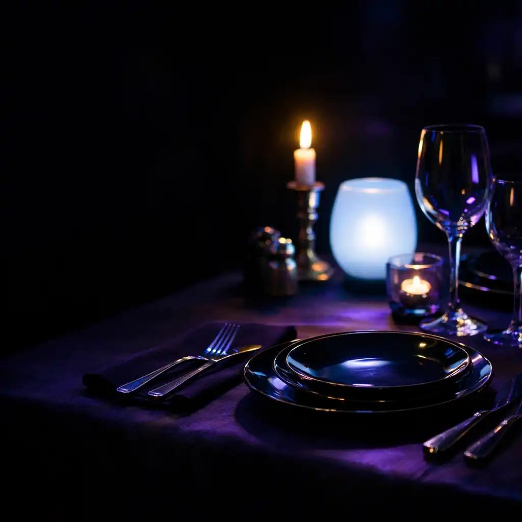 Table de restaurant nocturne aux porcelaines sombres et reflets opalins