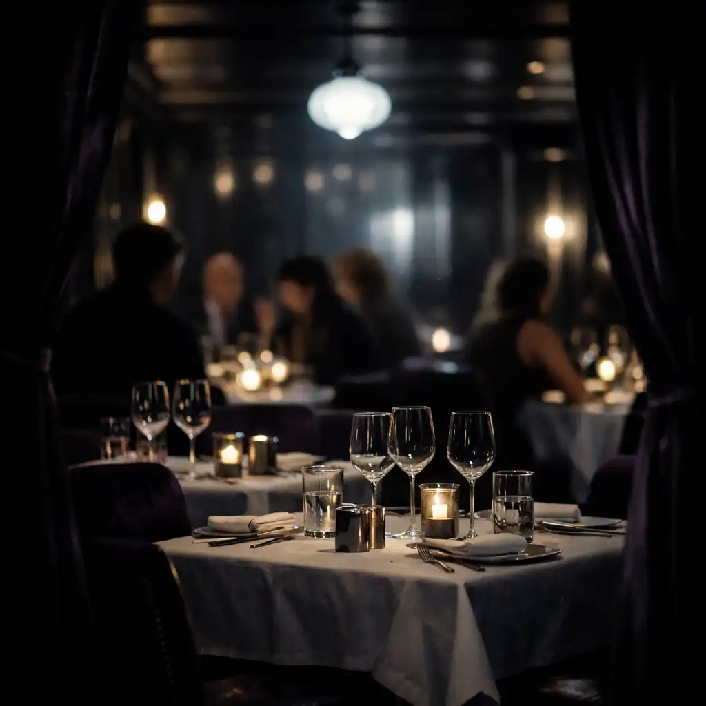Salle de restaurant intime aux tables dressées et à la lumière opaline