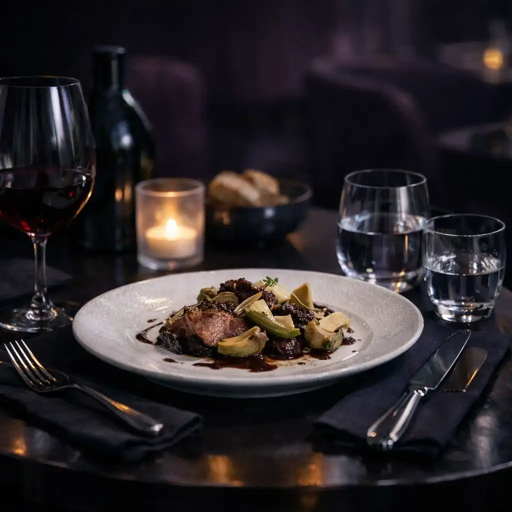 Table de restaurant française, assiette et verrerie dans une lumière de fin de soirée