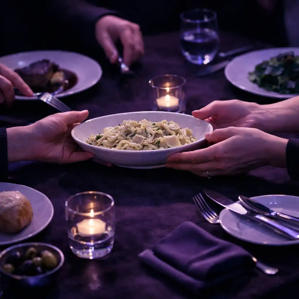 Mains adultes partageant un moment autour d’une table de restaurant nocturne