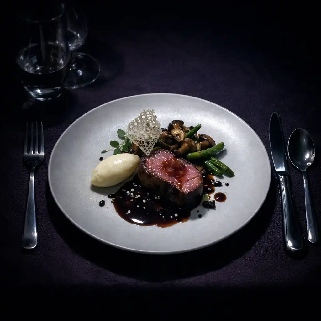 Assiette sur une table sombre éclairée d’une lumière opaline