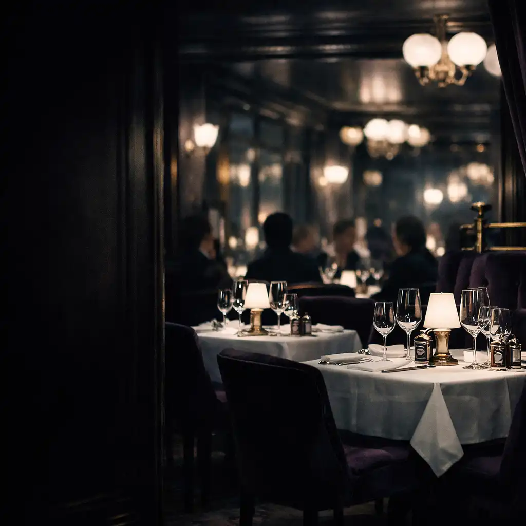 Salle nocturne de Maison Opaline avec tables dressées et lumière violette