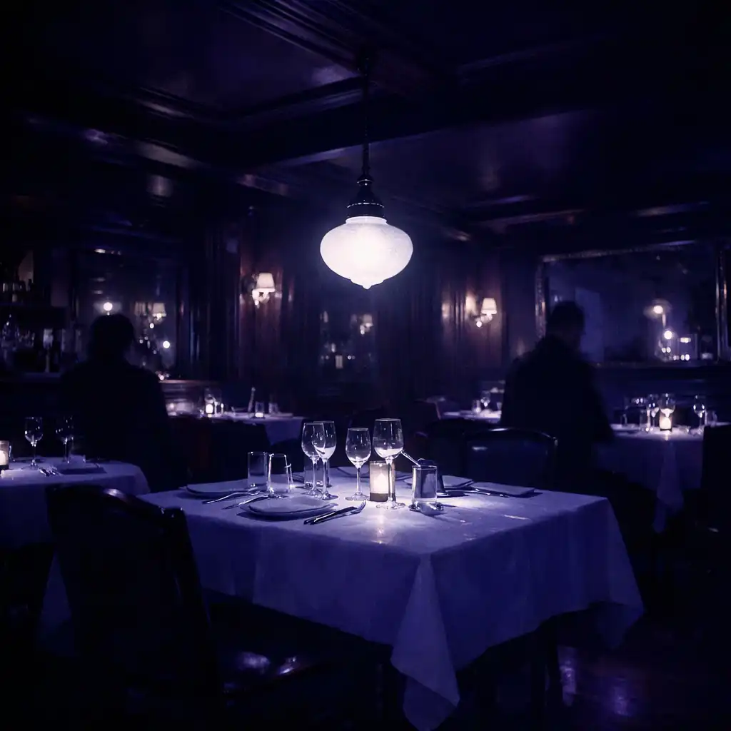 Salle de restaurant nocturne aux tables éclairées par une lumière opaline froide