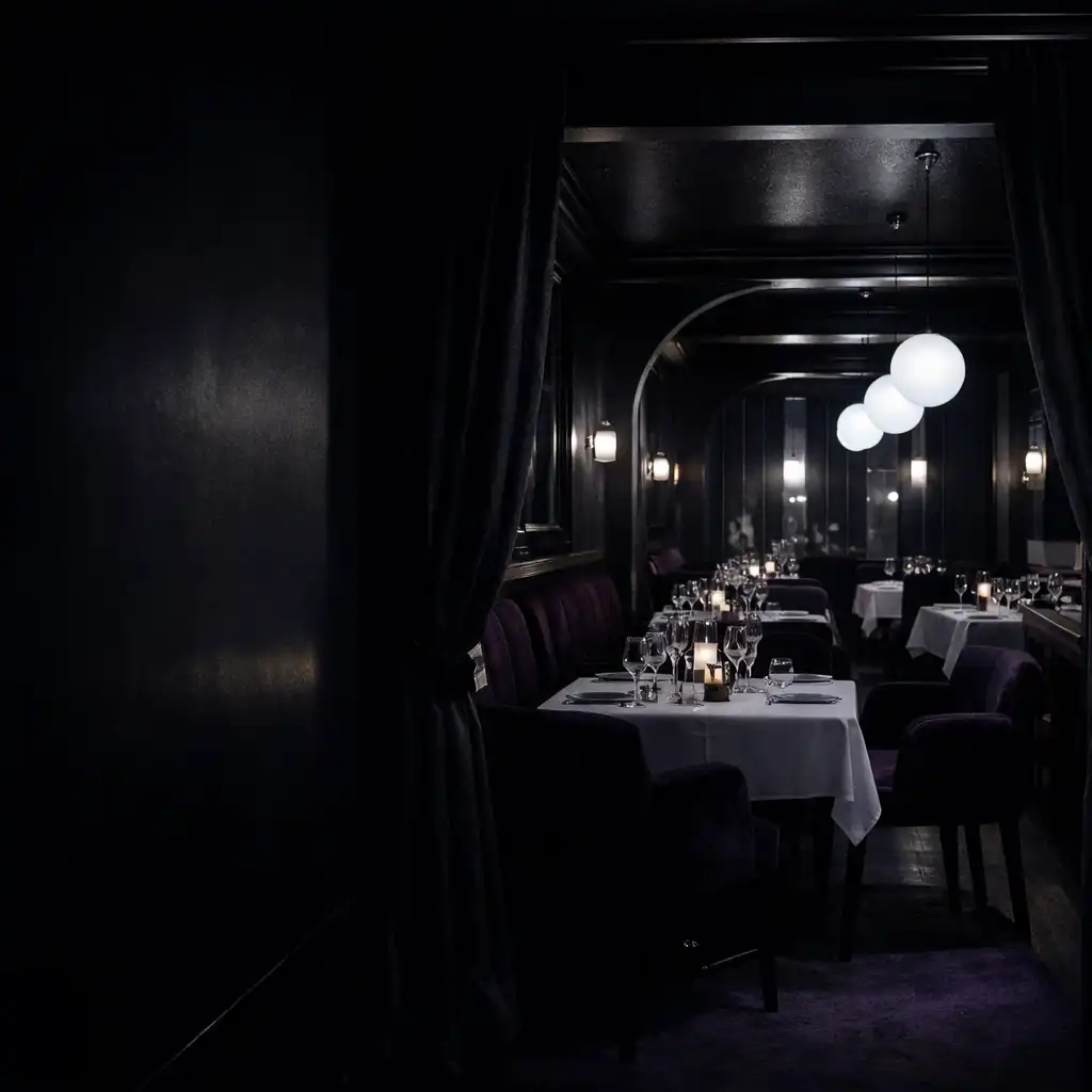 Salle nocturne de Maison Opaline vue depuis l’entrée, avec tables et lumière opaline