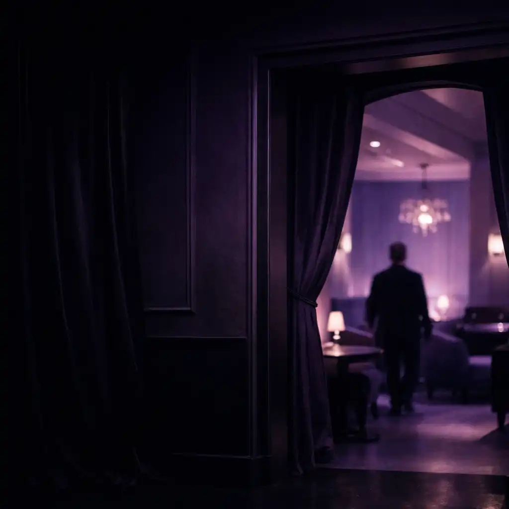 Seuil sombre menant vers une pièce éclairée de violet opalin à Maison Opaline