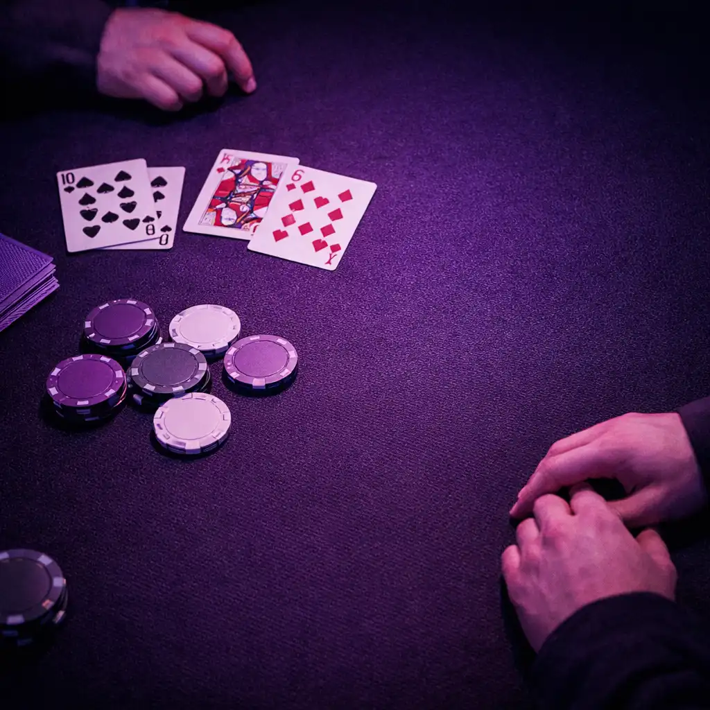 Cartes et jetons physiques sur une table réelle, avec mains adultes non identifiables