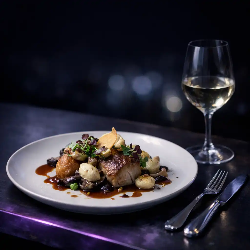 Assiette de cuisine française sur une table sombre aux reflets opalins