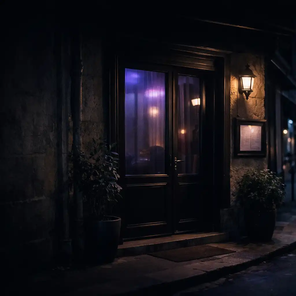 Entrée nocturne d'un restaurant parisien éclairée d'un halo violet