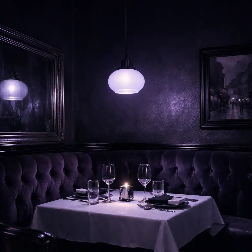Coin de salle feutré éclairé d'une lumière opaline violette
