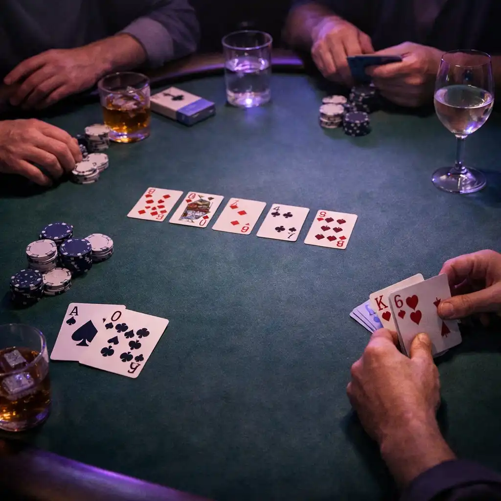 Cartes, jetons et mains autour d'une table réelle dans une ambiance nocturne