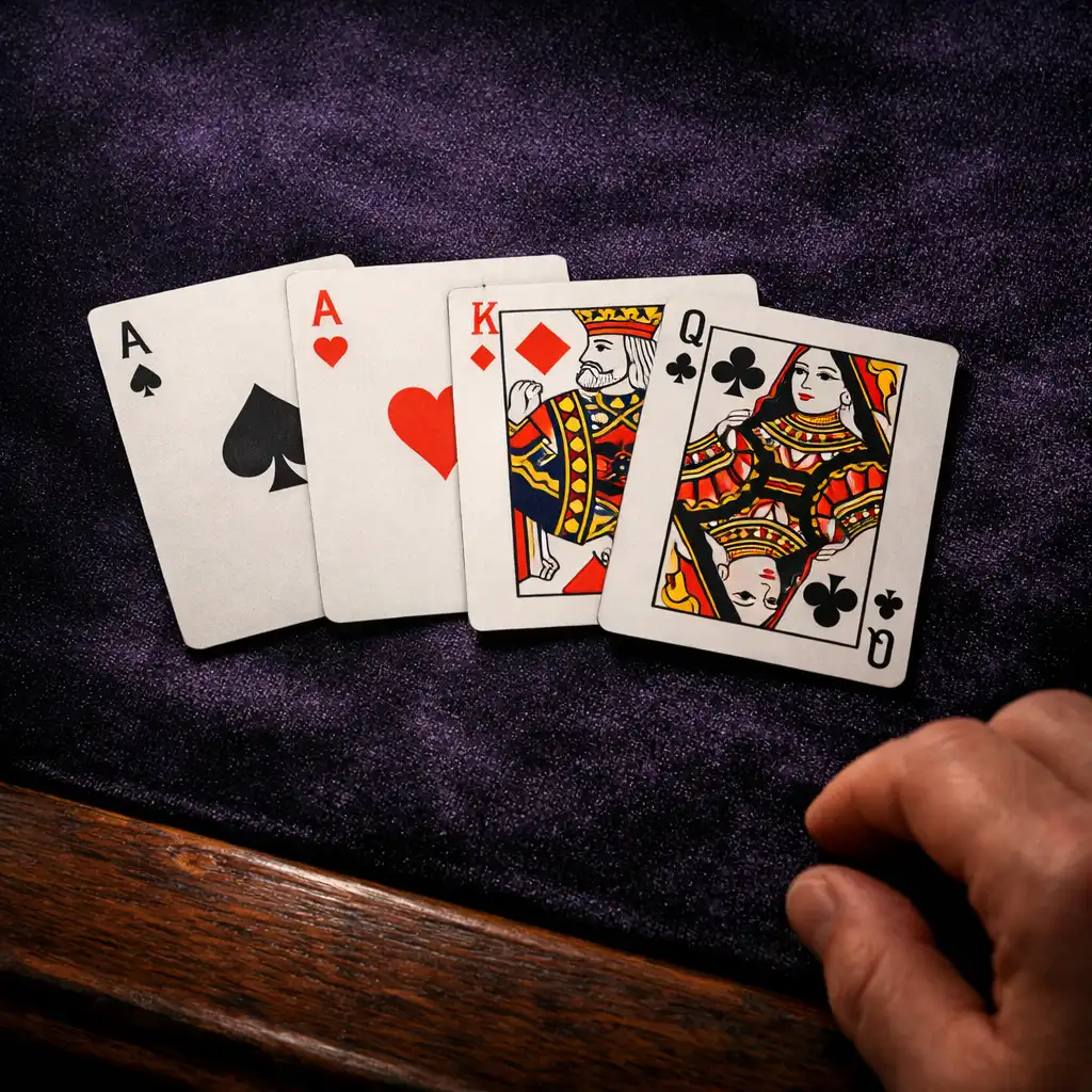 Cartes posées sur du velours noir-violet avec une main adulte floue au bord de la table.