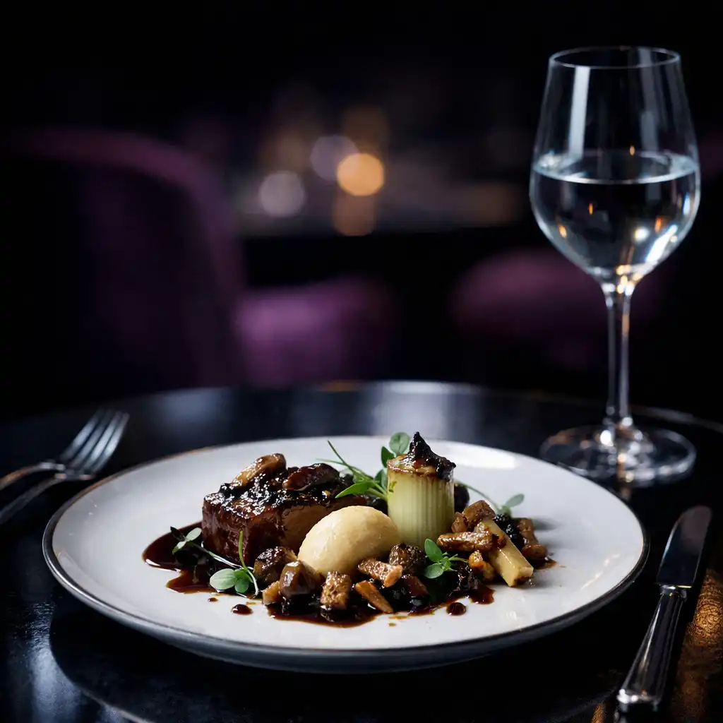 Assiette française éclairée d’une lumière froide sur une table sombre dans le salon nocturne.