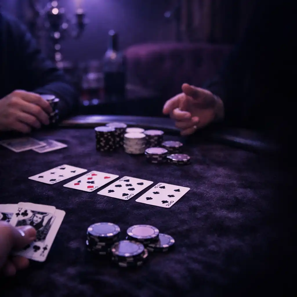 Cartes, jetons non marqués et mains adultes autour d’une table réelle en velours noir-violet.
