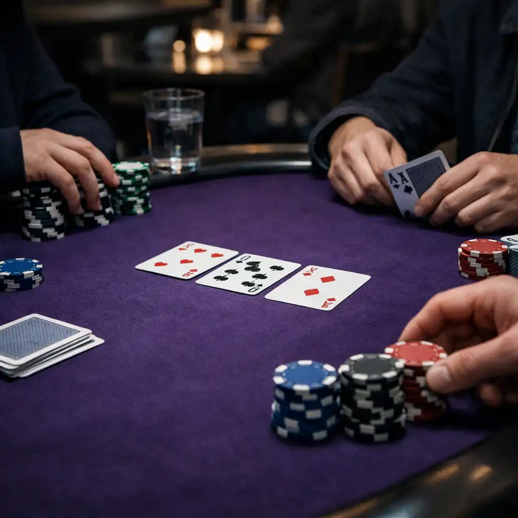Mains anonymes, cartes et jetons physiques sur une table de poker en présentiel