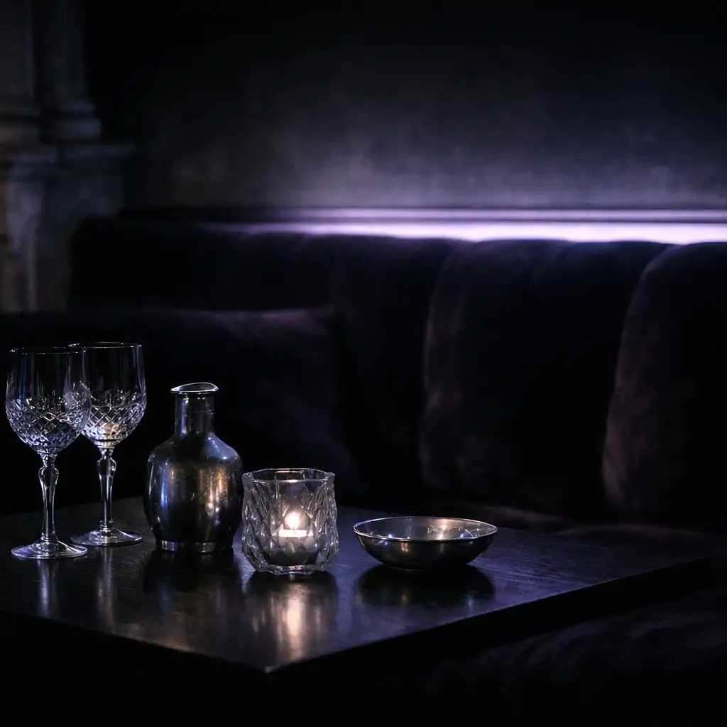 Banquette en velours sombre et verrerie dans un salon nocturne