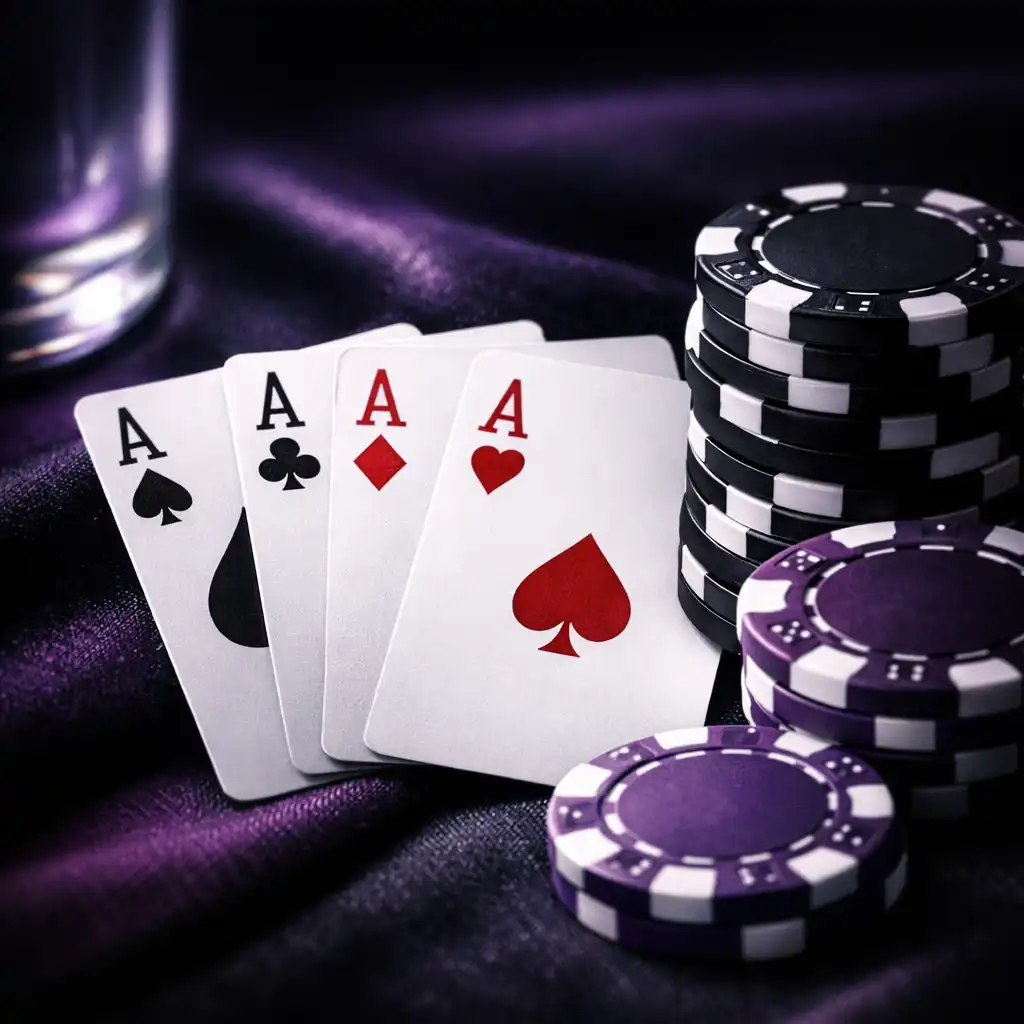 Macro de cartes et jetons physiques sur un textile noir-violet