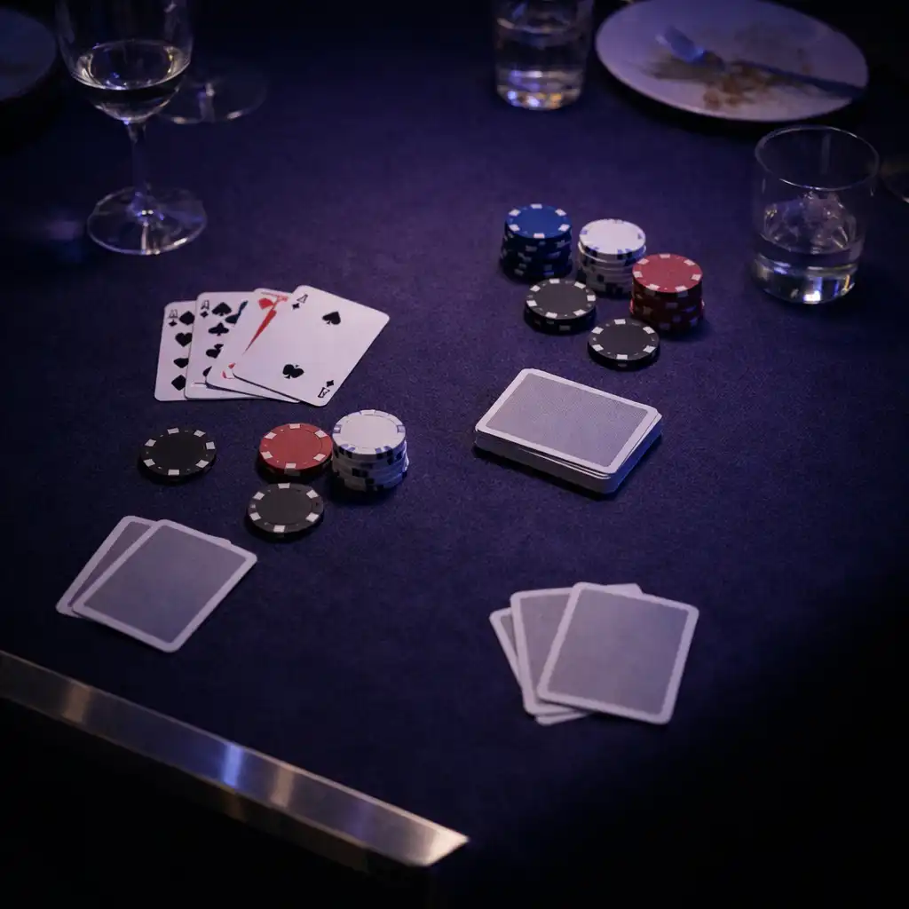 Cartes et jetons sur une table réelle dans un contexte de repas social